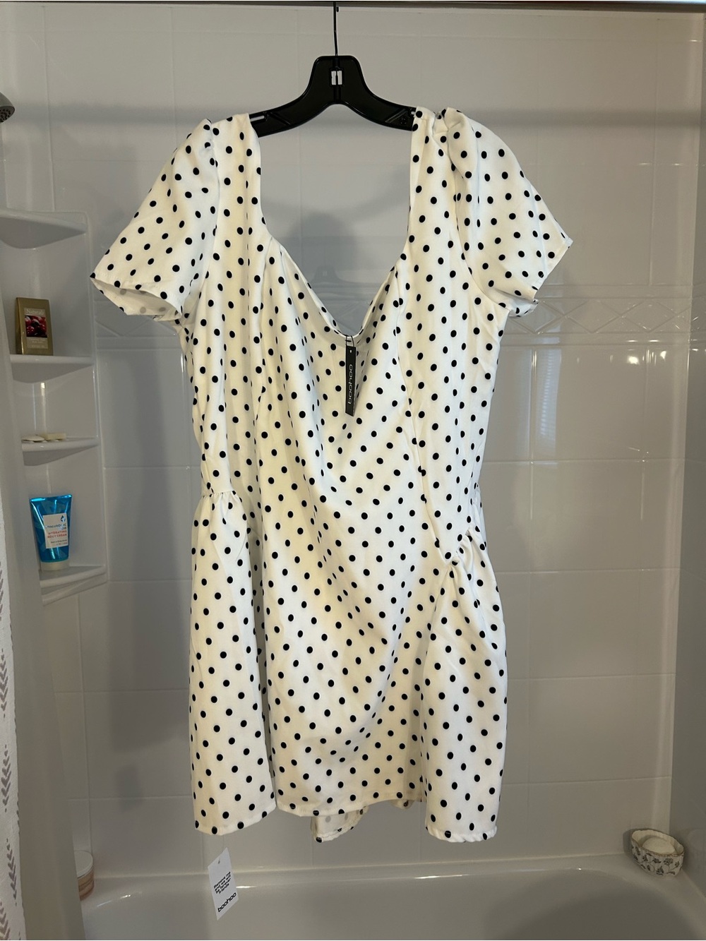 Boohoo White Mini Dress with Black Polka Dots